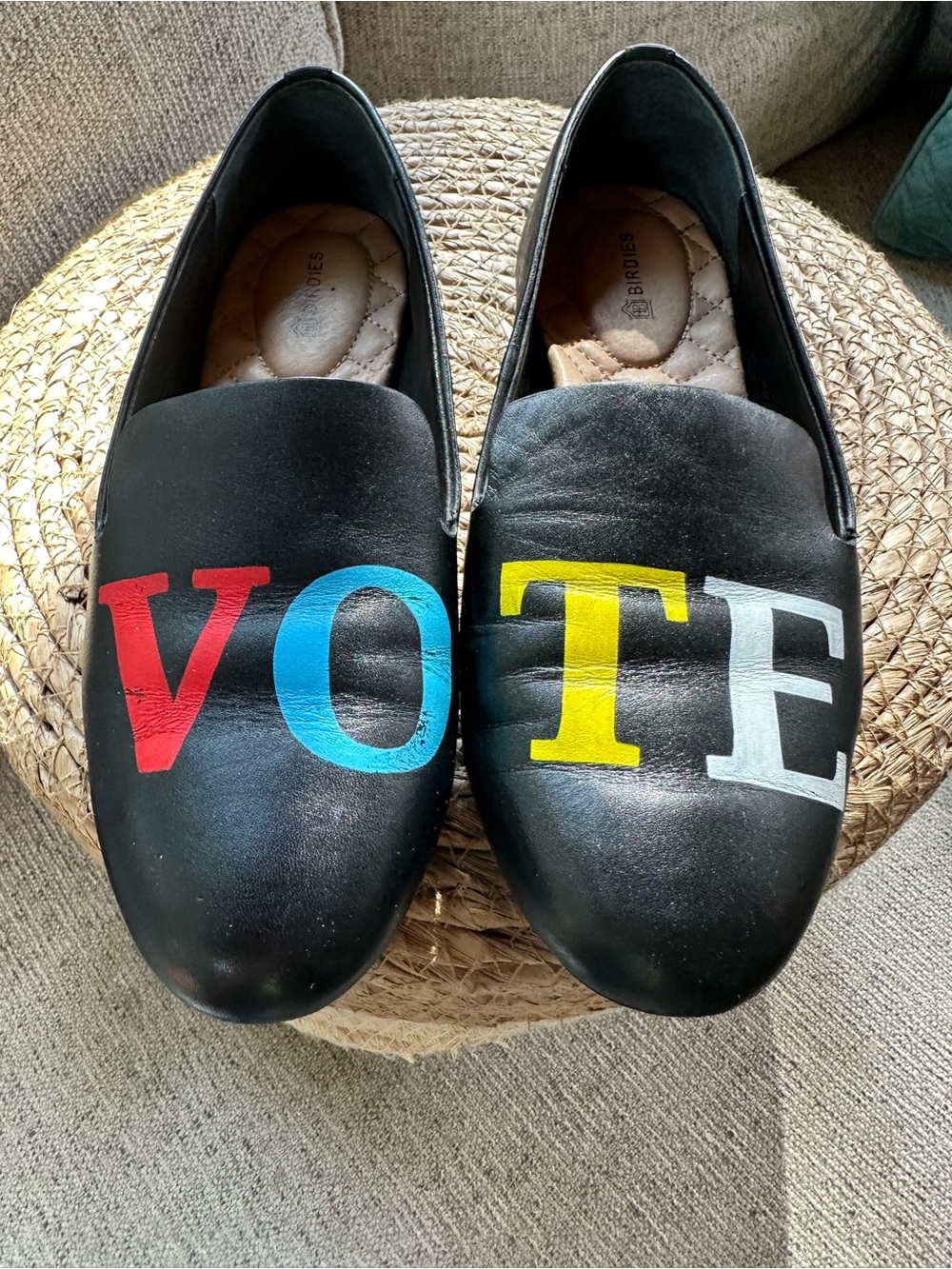 Limited Edition, Hand Painted Birdies Black Leather 'VOTE' Graphic Flats